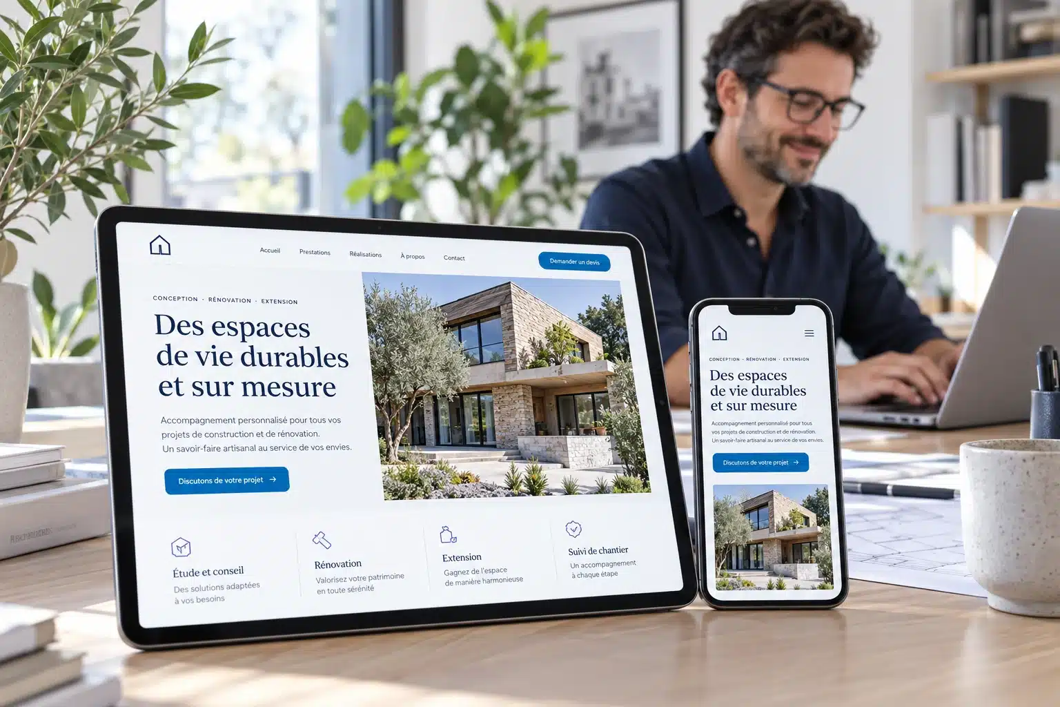 Illustration d’un site professionnel sur tablette et smartphone dans un bureau lumineux